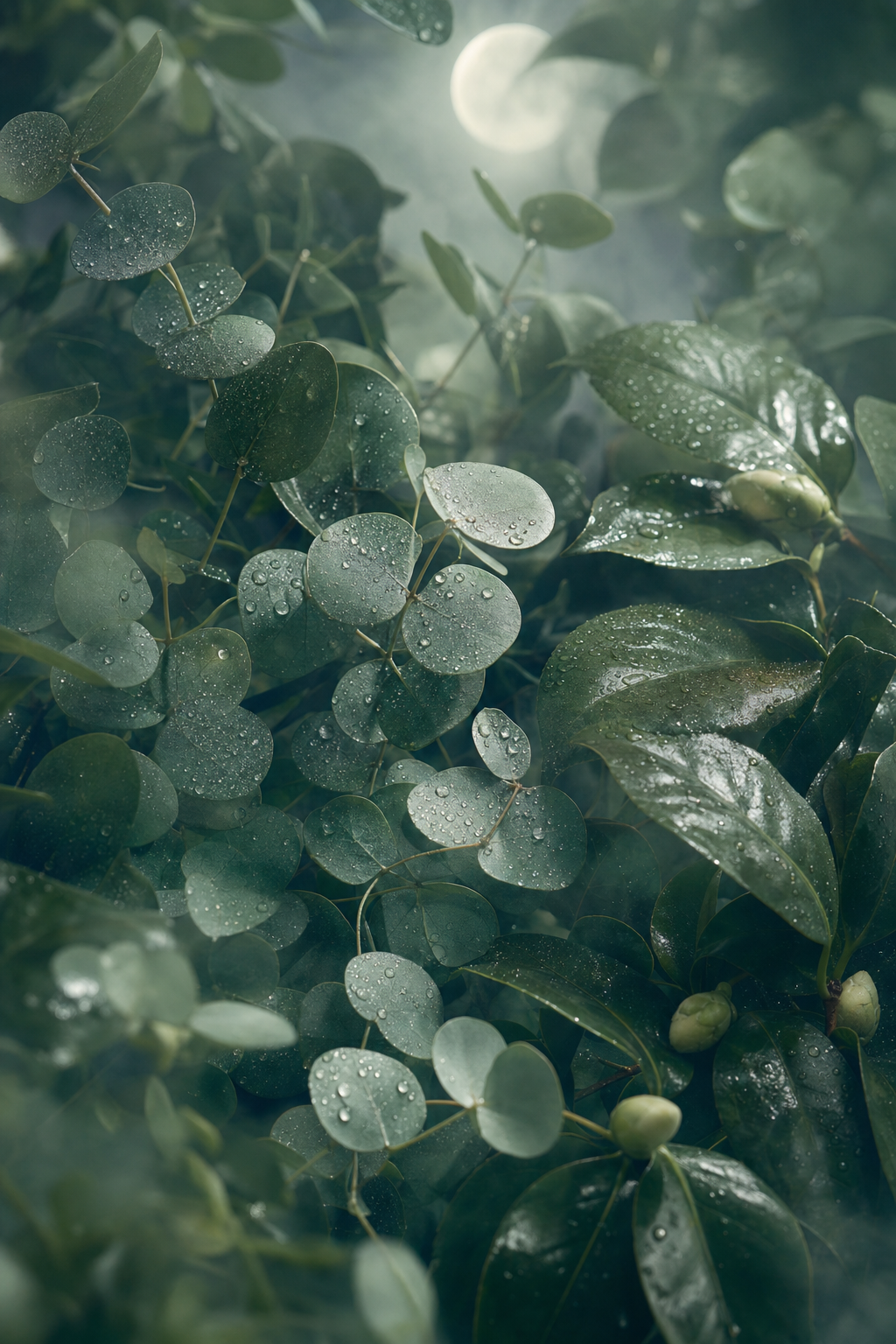 Misty moonlit green foliage with dew