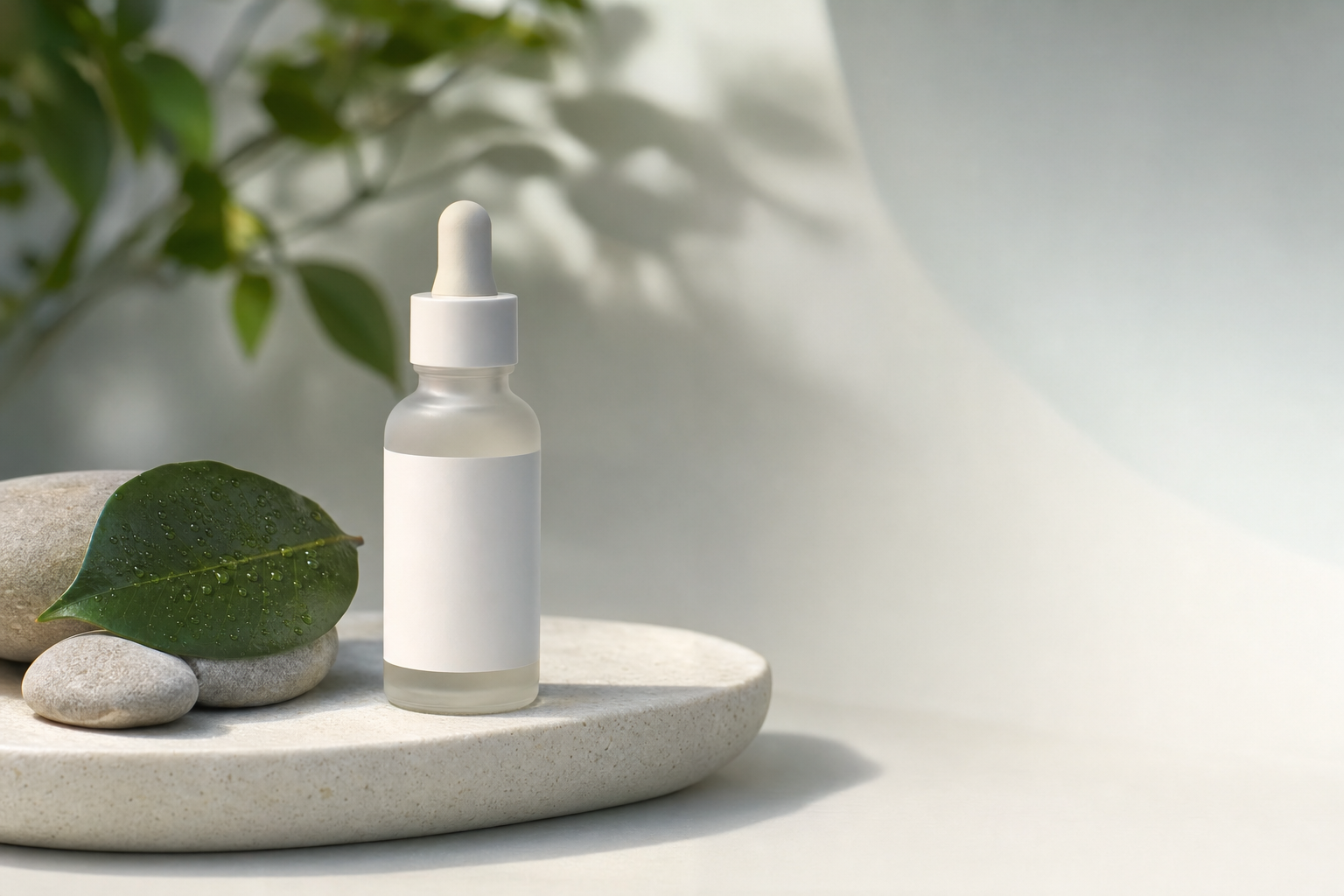 A frosted glass serum bottle beside a dewy camellia leaf on smooth stones