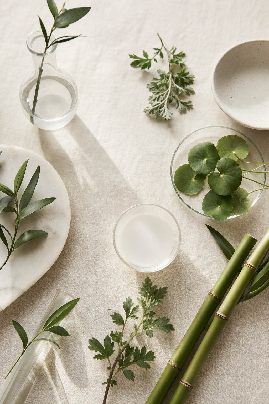 Flat lay of Korean skincare botanicals: green tea, mugwort, centella, bamboo and a bowl of essence